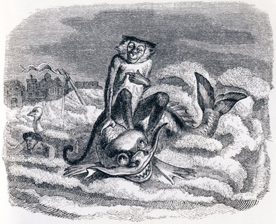 Osioł i delfin (Le singe et le dauphin) - Bajki La Fontaine autorstwa Grandville