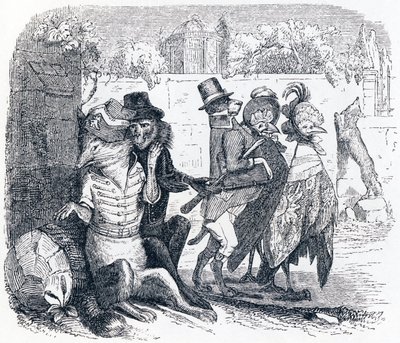 Lis i winogrona (Le renard et les raisins) - Bajki La Fontaine autorstwa Grandville