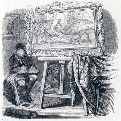 Sójka zdobi pawie pióra (Le geai pare des plumes du paon) - Bajki La Fontaine autorstwa Grandville