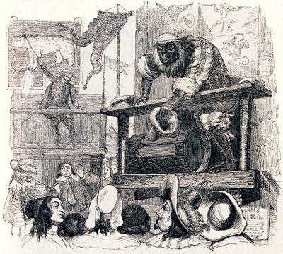 Małpa i lampart (Le singe et le leopard) - Bajki La Fontaine autorstwa Grandville