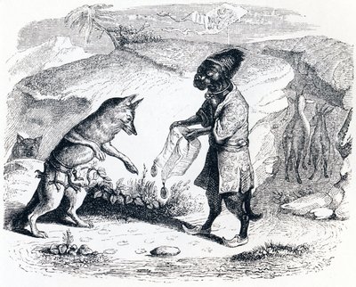 Chory lew i lis (Le lion malade et le renard) - Bajki La Fontaine autorstwa Grandville