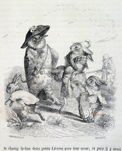 Dwa małe zające, ich siostra i sowa - przez Grandville autorstwa Grandville