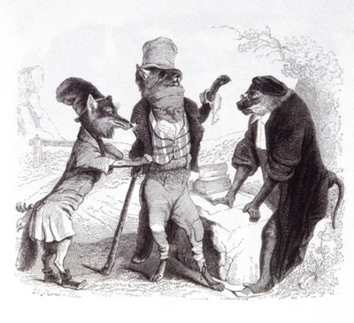 Wilk błagający lisa przed małpą autorstwa Grandville (1803 47)