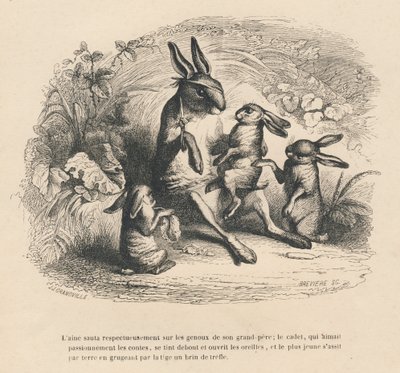 Wy, królicze dzieci, słuchacie, jak ich ranny dziadek opowiada historie. Miniatury ilustrowane przez JJ Granville. Rycina sygnowana Breviere w części „Historia zająca” napisana przez PJ Stahla w „Sceny z życia prywatnego i publicznego zwierząt”. Paryż autorstwa Grandville