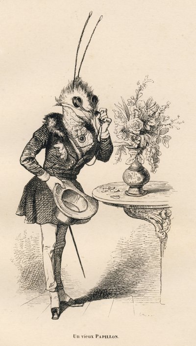 Stary motyl patrzący w okularach. Miniatury ilustrowane przez JJ Granville. Grawer sygnowany Breviere w części zatytułowanej „Przygody motyla” napisanej przez PJ Stahla w „Sceny z życia prywatnego i publicznego zwierząt”. Paryż, J. autorstwa Grandville