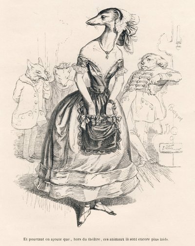 ... poza teatrem zwierzęta te są jeszcze brzydsze. Winiety ilustrowane przez JJ Granville. Rycina podpisana Godard w części zatytułowanej "Le premier feuilleton de Pistolet" napisana przez Jules Janin w "Scenes de la vie privee et publique des animaux". autorstwa Grandville