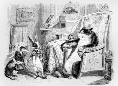 Kot, łasica i mały królik, ilustracja do "Baśni" La Fontaine