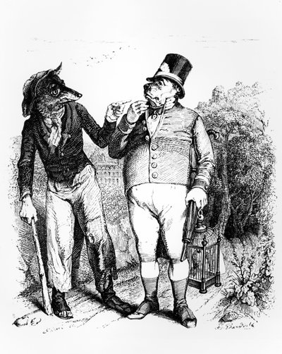 Pies i wilk, ilustracja do „Bajek” La Fontaine, wyd. H. Fournier Aine, 1838 autorstwa Grandville