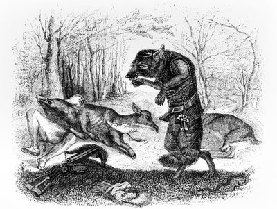 Wilk i myśliwy, ilustracja do "Baśni" La Fontaine
