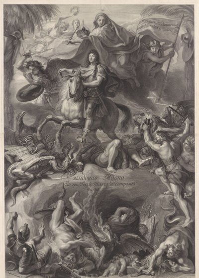 Alegoryczny portret konny Ludwika XIV, króla Francji autorstwa Gérard Edelinck
