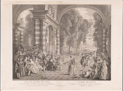 Elegancka firma na tarasie z widokiem na park Les Plaisirs du Bal (tytuł na obiekcie) autorstwa Gérard Jean Baptiste Scotin (II)