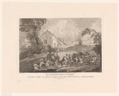 Krajobraz z maszerującą grupą żołnierzy Les Fatigues de la Guerre (tytuł na obiekcie) Grafiki wg Antoine Watteau (tytuł serii) L