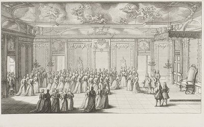 Sala audiencyjna podczas przyjęcia panny młodej w Pałacu Drezdeńskim 2 września 1719 r. autorstwa Gerard Jean Baptiste Scotin