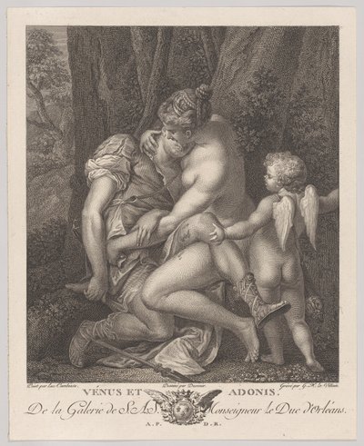Wenus opłakuje Adonisa, siedzącego pod drzewem i obejmującego go, z Kupidynem po prawej stronie, c..., ca. 1786. autorstwa Gérard René Le Vilain
