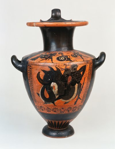 Czarnofigurowa hydria strychowa przedstawiająca Atenę i Heraklesa w walce, a poniżej Herakles walczący z Nereosem, ok. 520 r. p.n.e. autorstwa Greek