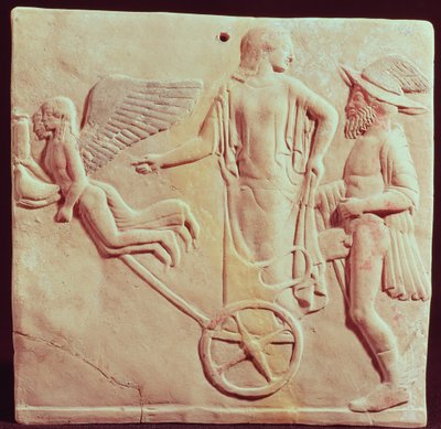 Afrodyta i Hermes na rydwanie ciągniętym przez Erosa i Psyche, 470 p.n.e. (terakota) autorstwa Greek