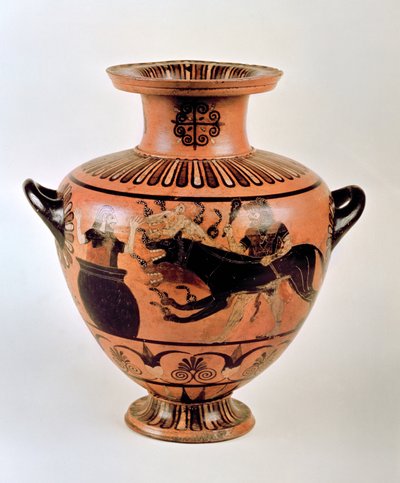 Archaiczna jońska Hydria przedstawiająca Heraklesa przynoszącego Cerbera do Eurystheusa, z Cerveteri, ok. 530 pne (ceramika) autorstwa Greek