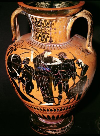 Wazon na poddaszu z czarnymi figurami przedstawiający Synthosa, Demeter, Hermesa i wioślarza, ok. 535-540 p.n.e. (ceramika) autorstwa Greek