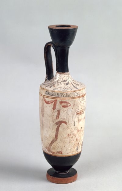 Strychowy biały mielony lekythos przedstawiający młodą dziewczynę składającą ofiarę pogrzebową, ok. 420 pne (ceramika) autorstwa Greek
