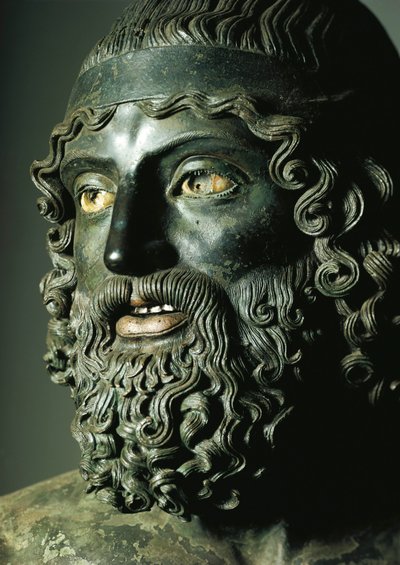 Szczegół głowy Statuy A lub Młodszego z brązów Riace (brąz) pne autorstwa Greek