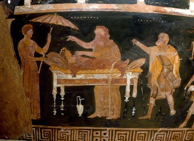 Sztuka grecka: Waza Arhemore: Pogrzeb Arhemore (Opheltes) Obraz malarza Dariusza. Od Ruvo. IV wiek p.n.e. Narodowe Muzeum Archeologiczne, Neapol autorstwa Greek