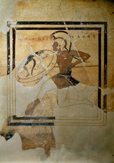 Sztuka grecka: „”pinaks (tablica wotywna) z terakoty przedstawiający hoplitę w pełnej rasie””” 520-510 pne. Słońce. h. 65,5 cm Ateny, Muzeum Akropolu (inw. 67) autorstwa Greek