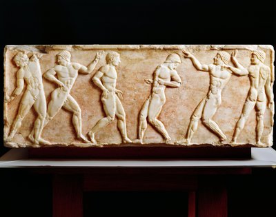 Cywilizacja grecka, Stela przedstawiająca sportowców w gimnazjum, Z nekropolii Keramejkos w Atenach, Grecja, 510 pne autorstwa Greek