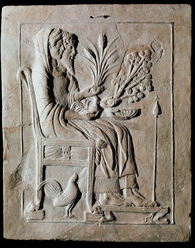 Sztuka grecka: wotywna tablica z terakoty z Persefony na tronie i Hades z Locri. 470 pne. Reggio Calabria, Muzeum Narodowe autorstwa Greek