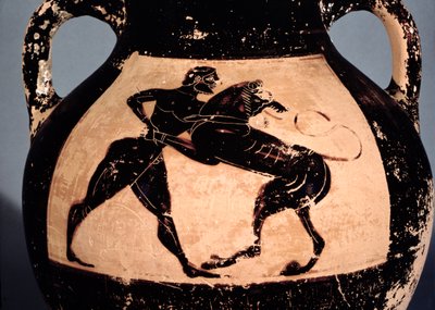 Herakles walczący z lwem nemejskim, detal z attyckiej amfory z czarną figurą (ceramika) autorstwa Greek