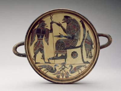 Lakoński puchar kylix przedstawiający Zeusa i Hermesa, ok. 550-530 pne (glina) (patrz także 288296 i 288298) autorstwa Greek