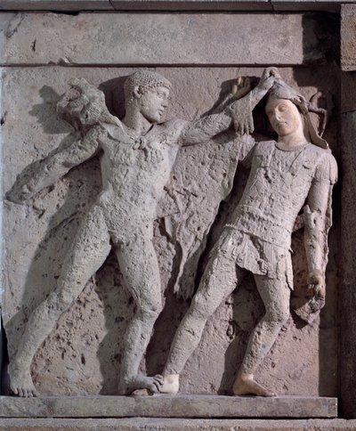 Magna graecia: metopa z heraklesem i amazonem, kamienna płaskorzeźba, V wiek pne autorstwa Greek