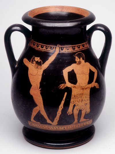 Malowanie na wazonie: Herakles (Herkules) przygotowuje się do pokrycia skóry lwa, atleta po jego lewej stronie rozgrzewa się. 490 pne. BNF, Biuro Medalowe. autorstwa Greek