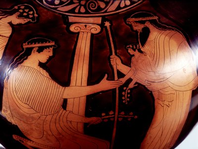 Obraz na wazonie: Jowisz (Zeus) przedstawia młodego Dionizosa (Bacco) dwóm kobietom. 480 pne. BNF, Biuro Medalowe. autorstwa Greek