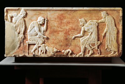 Stela przedstawiająca walkę psa z kotem, 510 p.n.e. (relief) autorstwa Greek