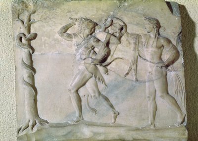 Tablica przedstawiająca Herkulesa unoszącego statyw delficki przed Apollo (marmur) autorstwa Greek