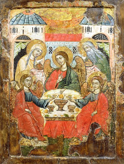 Abraham i trzej aniołowie, ikona, Macedonia, ok. 1700 (tempera na panelu) autorstwa Greek School