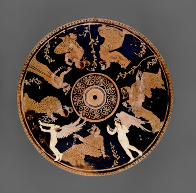 Czerwonofigurowa Pyxis na poddaszu, fragment wieka ozdobiony kobietami trzymającymi żetony miłości i naszyjniki, blisko Medidias Painter (ceramika) autorstwa Greek School