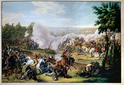 Bitwa pod Missolonghi, Grecja, 1822, broniona przez Botzarisa, który ginie w konflikcie z Turkami pod Omar Brionis (zwycięstwo Greków) (rycina) autorstwa Greek School