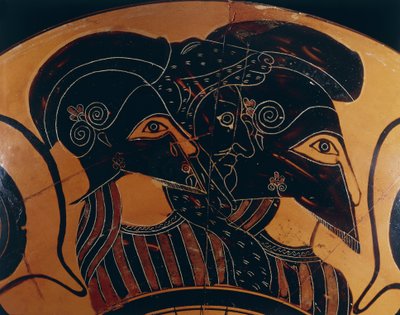 Fragment greckiej wazy z czarnymi figurami przedstawiającej trzech wojowników w hełmach autorstwa Greek School