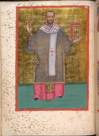 Egerton 2392, f.5v, Miniatura stojącego Jana Chryzostoma trzymającego księgę, z „Leitourgikon, w tym nabożeństwa i modlitwy” autorstwa Greek School