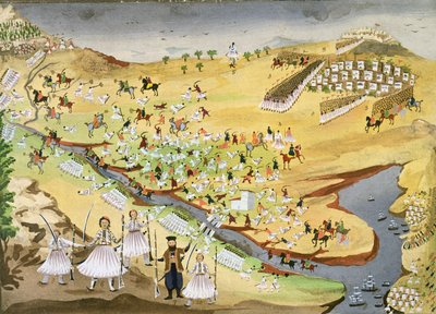 Pierwsza bitwa między Grekami i Turkami, na moście Alamana w 1821 roku, z obrazowej historii greckiej wojny o niepodległość autorstwa Greek School