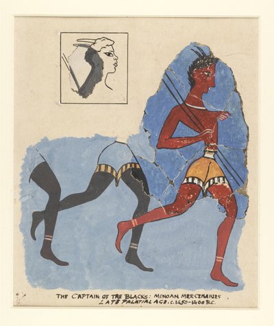 Fragmenty fresku z Knossos, z nowoczesnymi uzupełnieniami; żołnierze w biegu, ok. 1450-1400 pne autorstwa Greek School