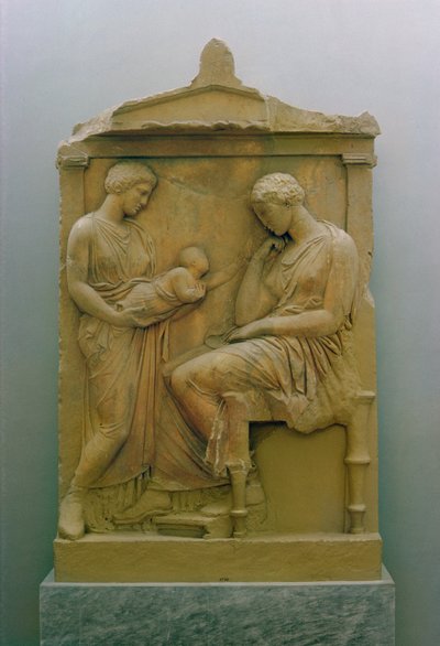 Stela nagrobna przedstawiająca służącą trzymającą niemowlę do siedzącej kobiety (marmur) autorstwa Greek School