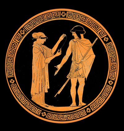 Swobodna rozmowa, dekoracja ceramiki z czerwonymi figurami. V wiek pne (ceramika) autorstwa Greek School