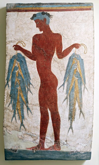 Cywilizacja grecka, fresk przedstawiający rybaka, z Akrotiri, Thery, Santorini, Grecja autorstwa Greek School