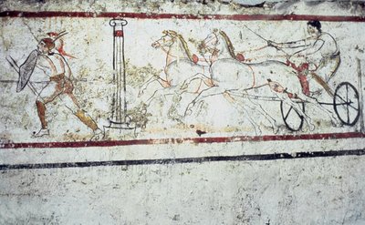 Lucanian fresk nagrobny przedstawiający gladiatora i mężczyznę na rydwanie, Paestum 350-330 p.n.e. autorstwa Greek School