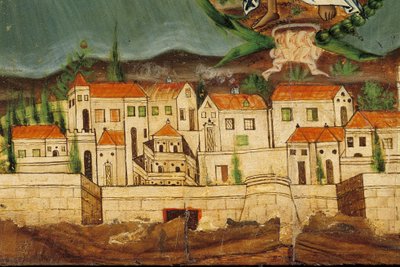 Pelmet przedstawiający Odrodzenie Grecji, detal Konstantynopola, z Syros, Cyklady (tempera jajowa na drewnie) autorstwa Greek School