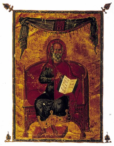 Portret Hipokratesa (-460 - -377) z księgą (prawdopodobnie Przysięga Hipokratesa - kodeks deontologiczny). Grecki rękopis pochodzi z 1350 roku. autorstwa Greek School