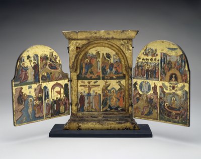 Wskrzeszenie Łazarza; Wjazd do Jerozolimy; Ukrzyżowanie; Zejście Chrystusa do piekła (płyta środkowa), II poł. XVI w. (tempera ze złotą listwą na drewnie) autorstwa Greek School