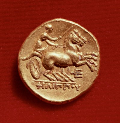 Rewers statera Filipa II (382-336 pne) Macedonii przedstawiający woźnicę, 356-336 pne (złoto) autorstwa Greek School